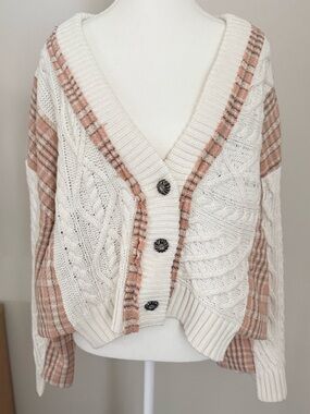 POL Boho Knit Sweater Cardigan Cream Blush Plaid V-Neck Oversized Medium NWOT